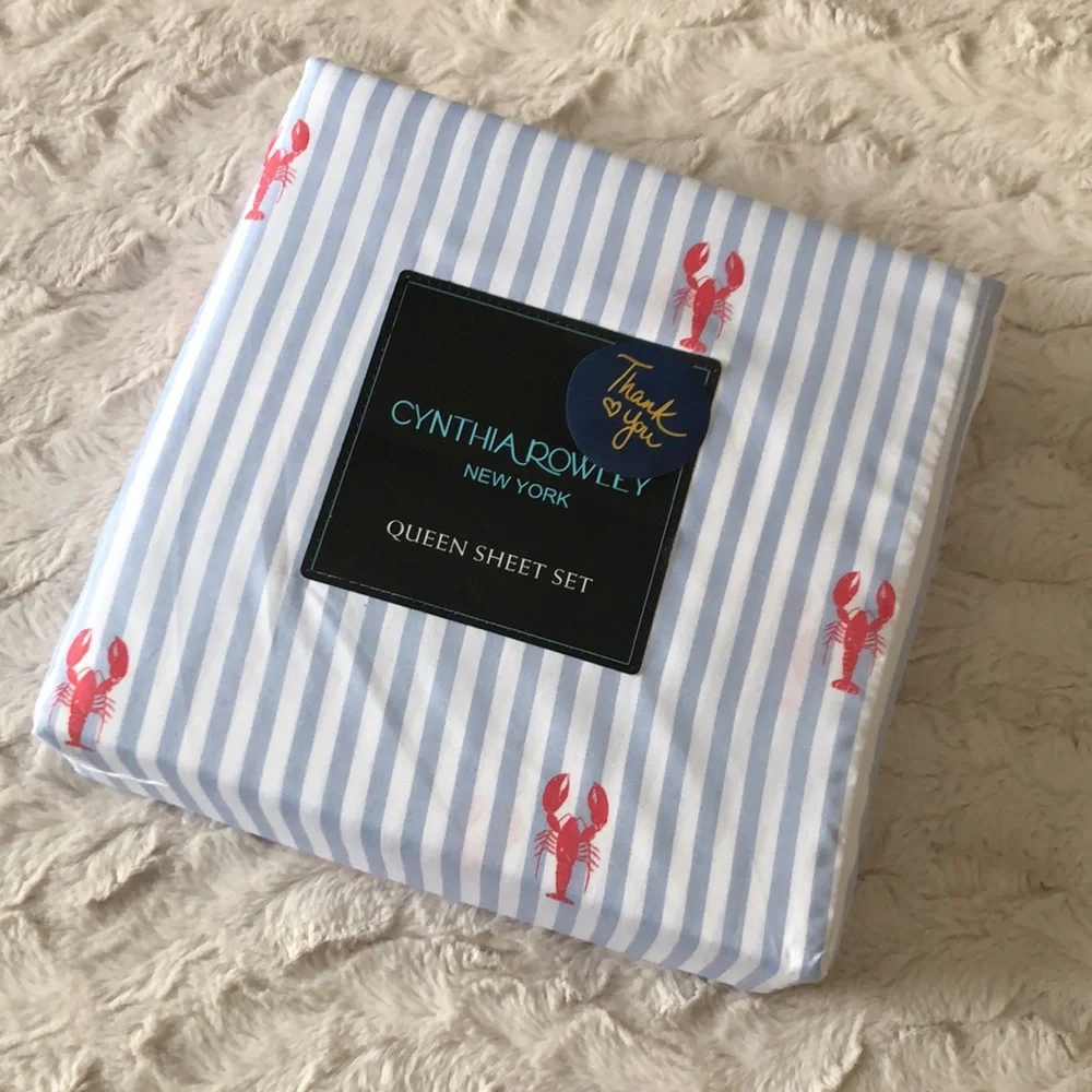 Cynthia Rowley Blue Stripe Sheet Set with Red Lobster Motif